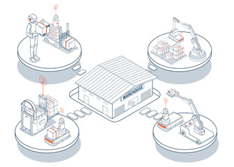 Automated Guided Vehicles (AGVs) and Autonomous Mobile Robots (AMRs) are self-driving vehicles that transport materials in industrial and healthcare facilities. Vector illustration EPS 10
