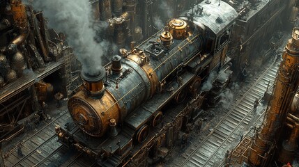 Steampunk Train in a Grungy Industrial Setting - A Futuristic Vision of Transportation