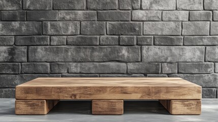 Wooden podium for showcasing products set against a gray brick background Unoccupied display area