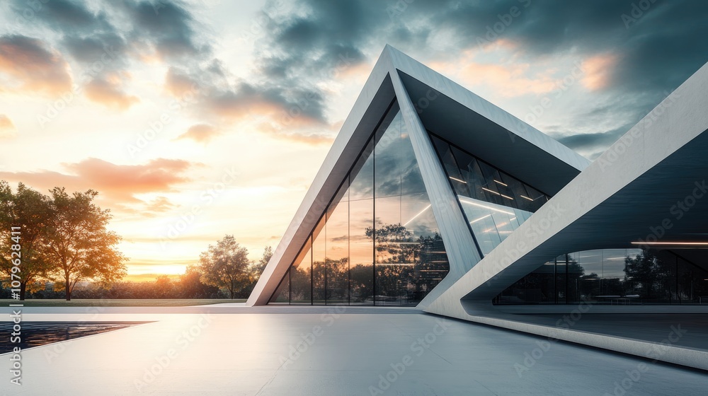 Poster modern architectural design featuring a contemporary triangular structure with glass concrete and st