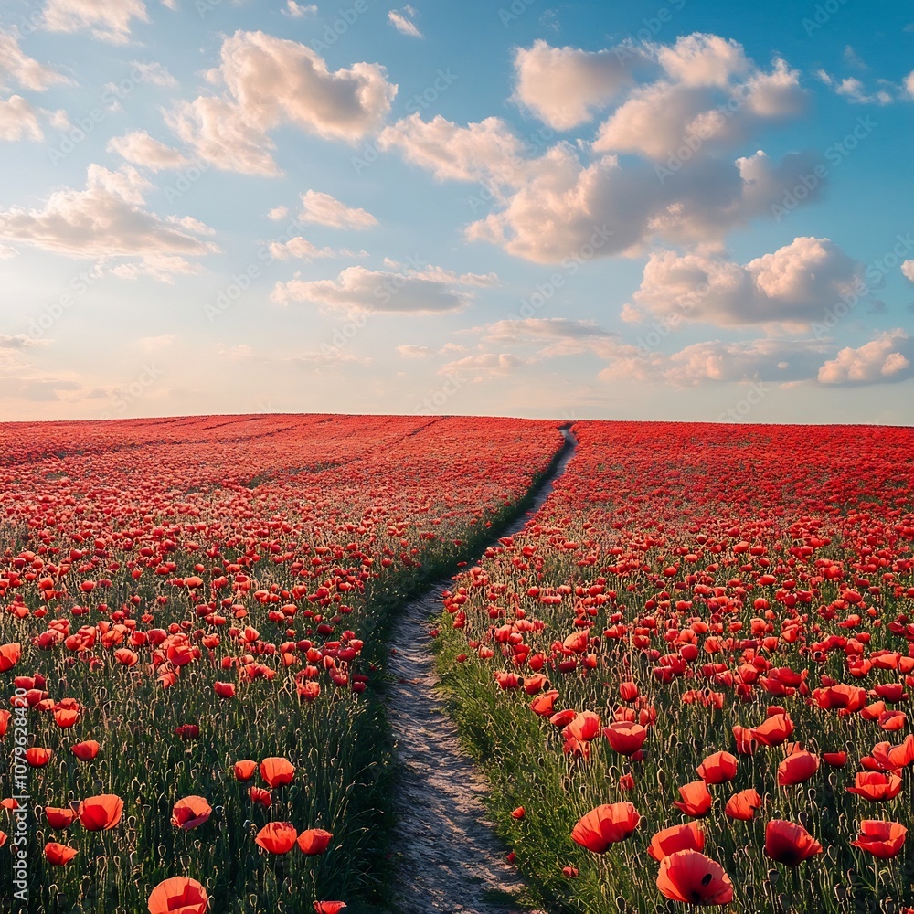 Poster endless field of lush red poppies stretching out with a winding path leading the viewer through the 