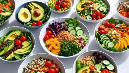 A vibrant display of colorful, nutritious salad bowls with fresh vegetables, avocado, and grains, offering a healthy meal option.