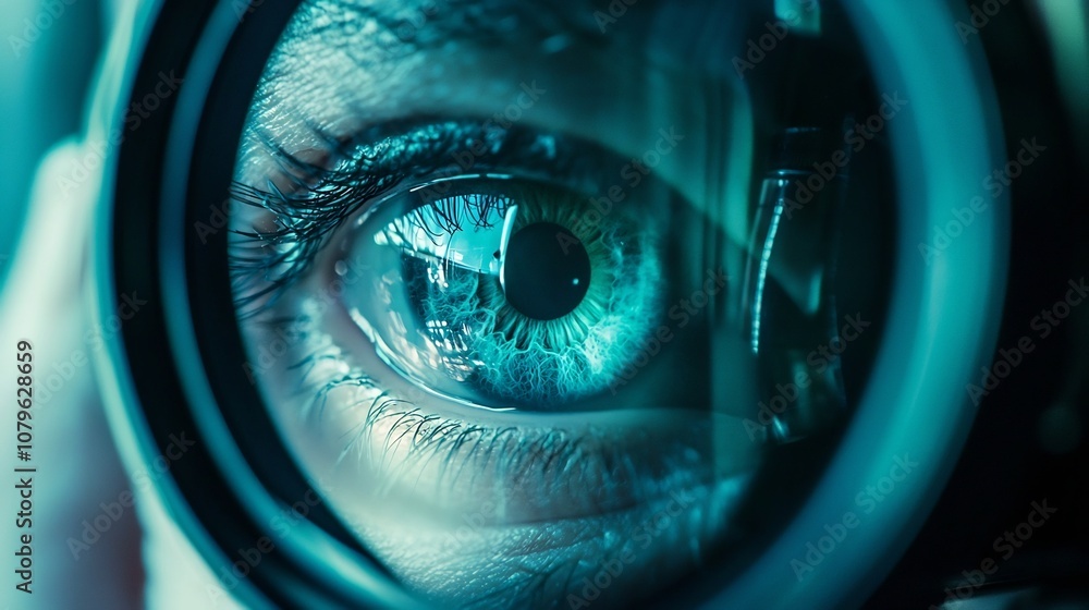 Poster extreme close up view of retina scanning technology used for high security identity verification and