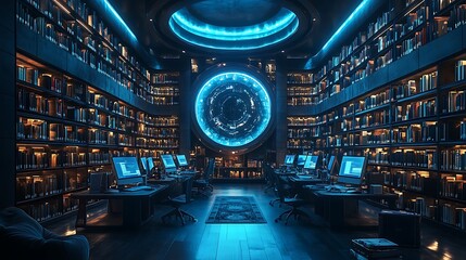 Exploring the mystical fusion of technology and knowledge in a modern library with an enigmatic portal and glowing aesthetics