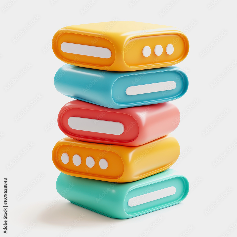 Poster A Bright and Colorful Stack of Four Playful Rectangular Books in Yellow, Orange, Turquoise, and Red with Smooth Rounded Edges on a Light Background