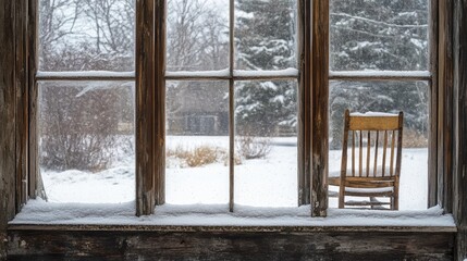 Winter s Stillness A View of a Chair and Snow from an Aged Window