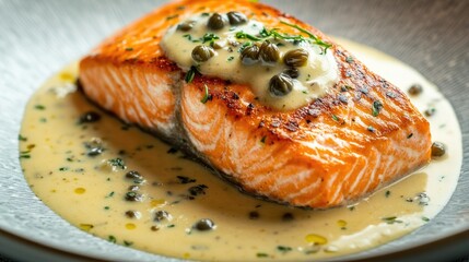 A stunning plate featuring a salmon steak complemented by a flavorful caper sauce