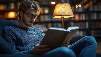 Captivating moments of solitude a young man immersed in the world of books within the cozy ambiance of a library