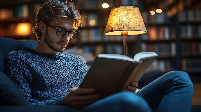 Captivating moments of solitude a young man immersed in the world of books within the cozy ambiance of a library