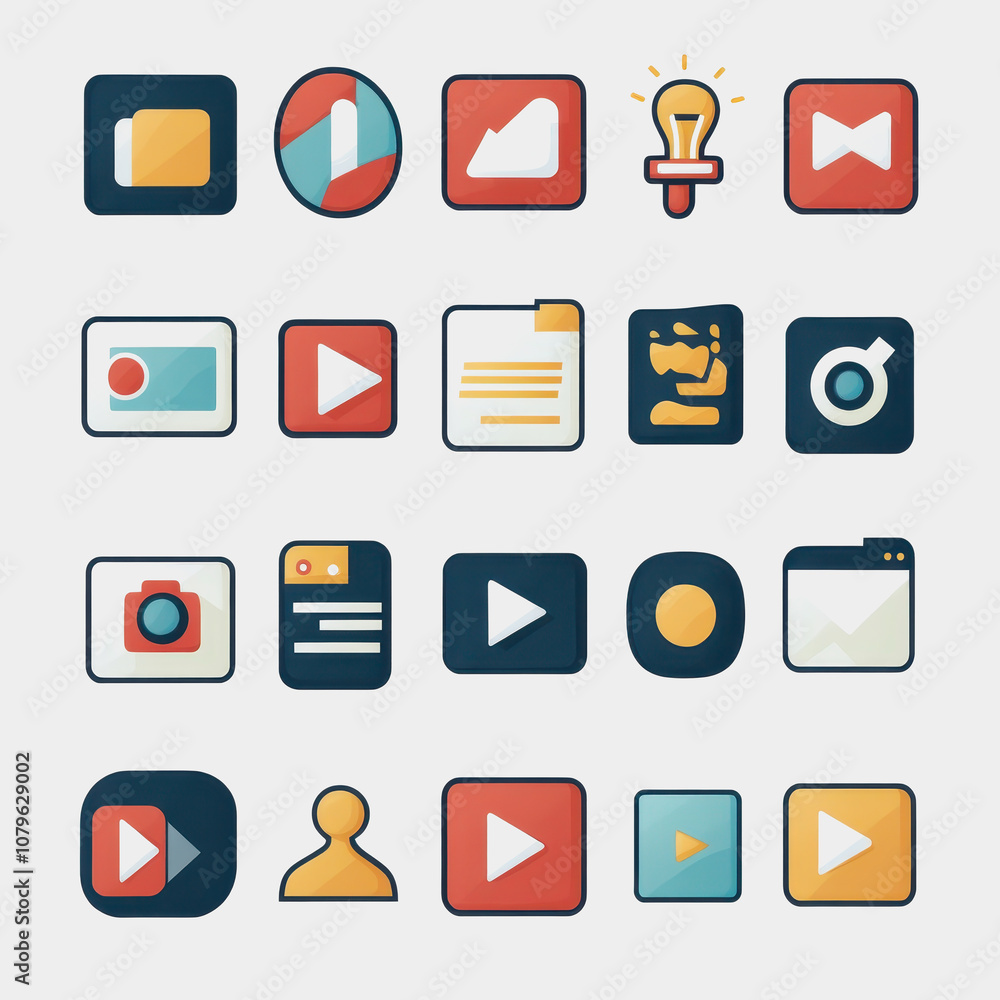 Aufkleber colorful collection of digital media icons featuring play, camera, and file symbols for modern user 