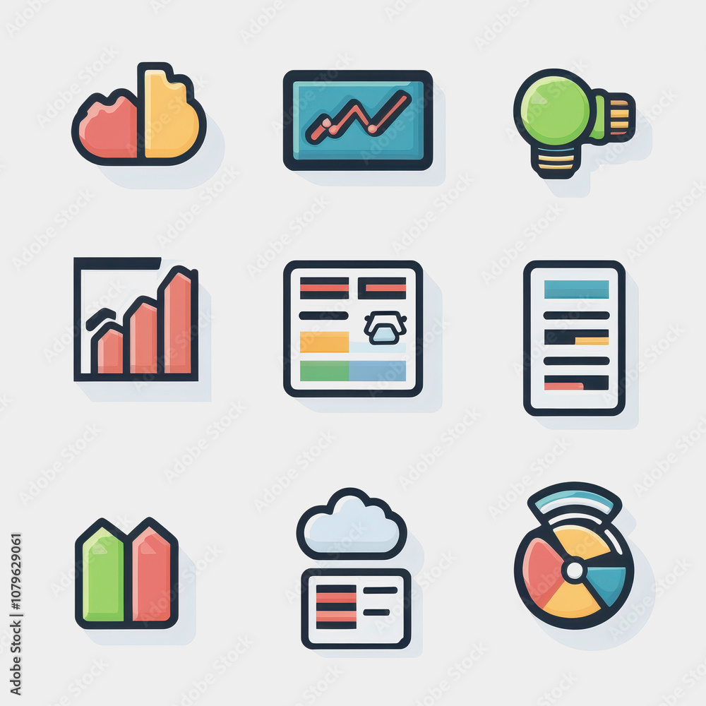 Poster colorful and modern set of business icon illustrations featuring graphs, charts, data analysis, and 