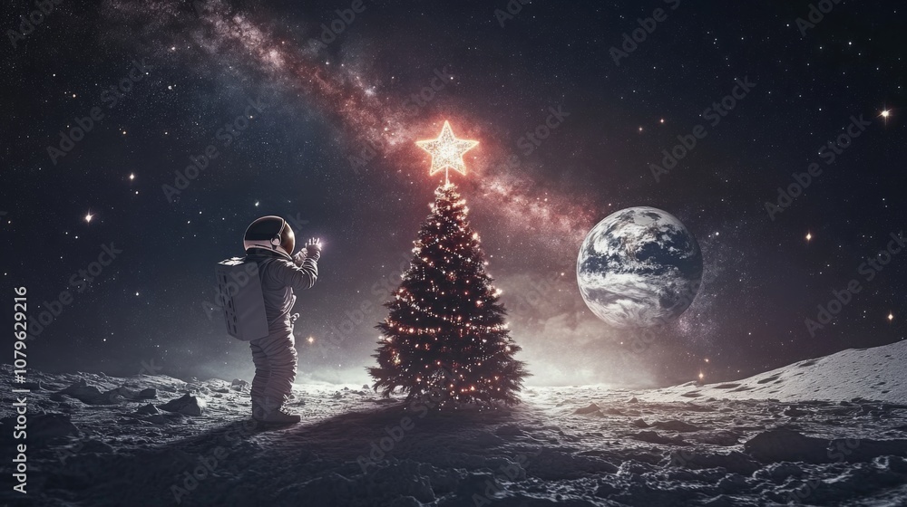 Poster an astronaut stands next to a glowing christmas tree on the moon, adorned with lights and a star, ga