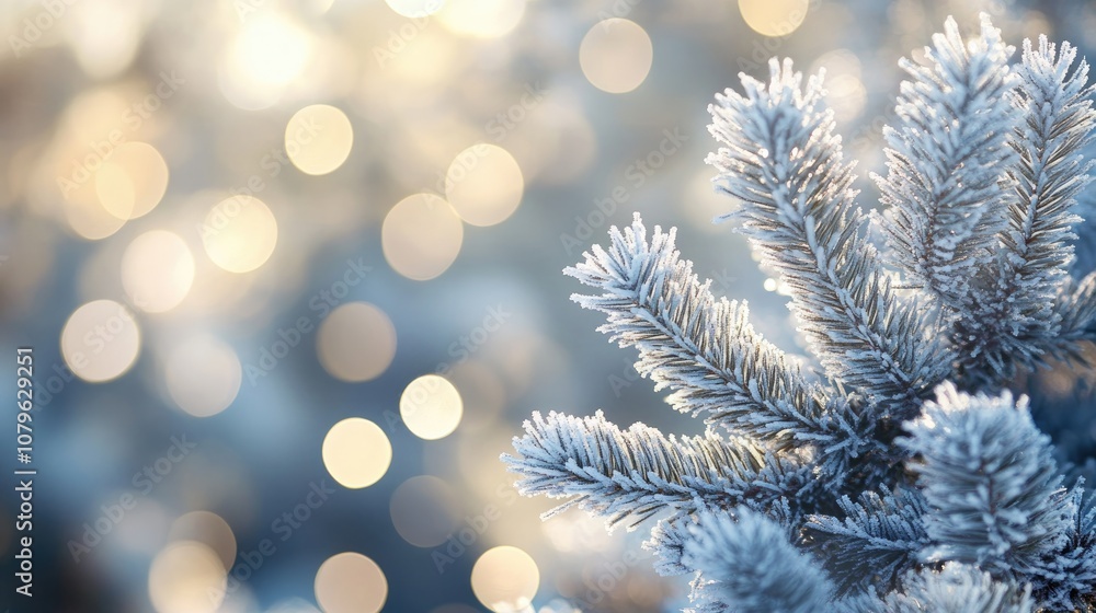 Poster close up of frosted pine branches set against a bokeh light backdrop creating a tranquil winter ambi
