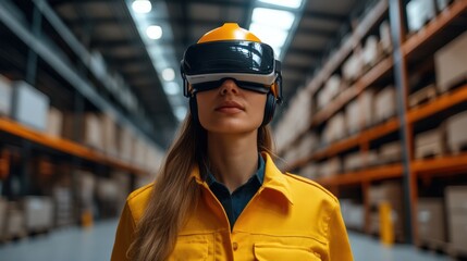 Futuristic Warehouse Worker in Virtual Reality Gear