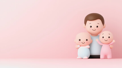 Cheerful Cartoon Family with Father, Baby Boy, and Baby Girl on Soft Pink Background Featuring Adorable Expressions and Playful Poses for Family Themes