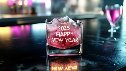 An ice-cold drink on a modern black countertop with "2025 HAPPY NEW YEAR" etched into a decorative ice cube, glistening under ambient neon lights