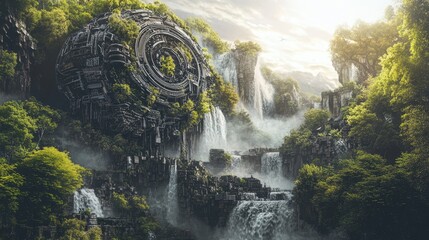 Jungle Waterfall with Ancient Technology