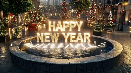 An elegant stone fountain in a city square, with water jets forming "2025 HAPPY NEW YEAR" in shimmering letters, surrounded by holiday lights and decorated trees