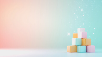 Colorful Cubes Stacked in a Playful Arrangement with a Dreamy Background of Soft Pastels and Sparkling Stars, Perfect for Children’s Themes and Creative Projects