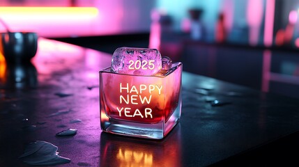 An ice-cold drink on a modern black countertop with "2025 HAPPY NEW YEAR" etched into a decorative ice cube, glistening under ambient neon lights