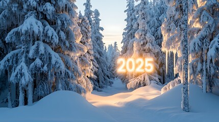 An icy forest landscape at dawn with "2025" softly glowing from within the snow-covered trees, casting a serene ambiance under a clear winter sky.
