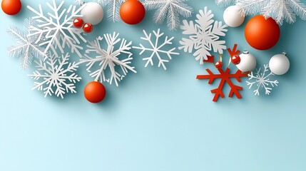 Flat design showcasing an arrangement of various intricate snowflake shapes in a elegant pattern set against a soft blue background  Perfect for holiday themed designs