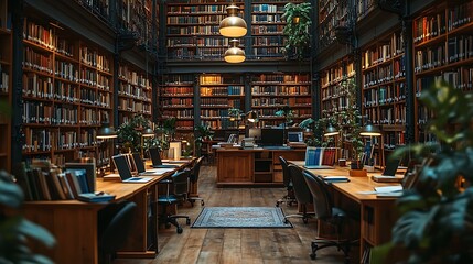 A serene library oasis exploring the beauty of books architecture and tranquility in a lush reading environment