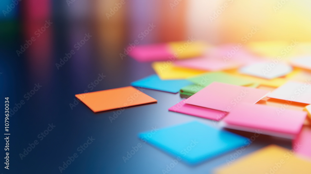 Poster colorful sticky notes spread across a dark surface with a soft glowing light in the background, symb
