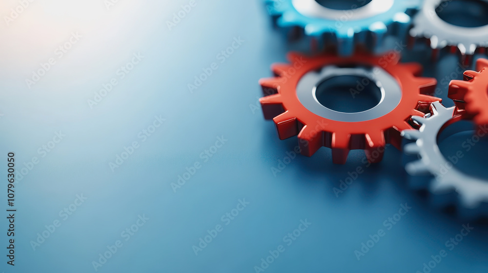 Poster red and blue gears on a calm blue surface representing collaboration and innovation in technology an
