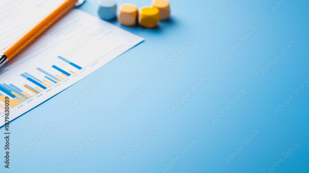 Aufkleber business data analysis concept with colorful graphs and charts on blue background with pen and woode