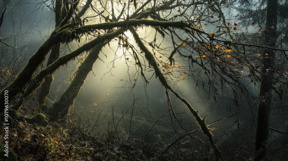 Aufkleber sunlight streams through a tangle of bare moss covered branches creating a gentle glow that highligh