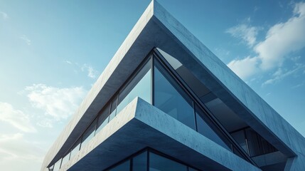 Modern architectural design featuring a contemporary triangular structure with glass concrete and steel elements in a photorealistic 3D rendering