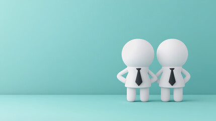 Two Minimalist Cartoon Characters in Business Attire Stand Together Against a Soft Blue Background, Symbolizing Friendship, Teamwork, and Professional Relationships