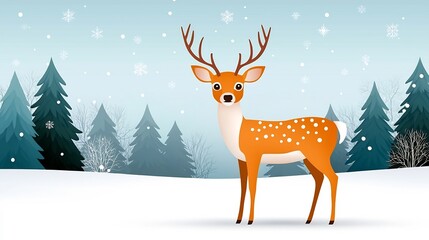 Flat of a deer standing in a snowy forest with snowflakes falling around creating a serene and peaceful winter wildlife scene