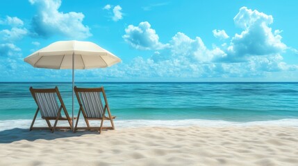 Beach Chairs and Umbrella Placed on a Sandy Shore