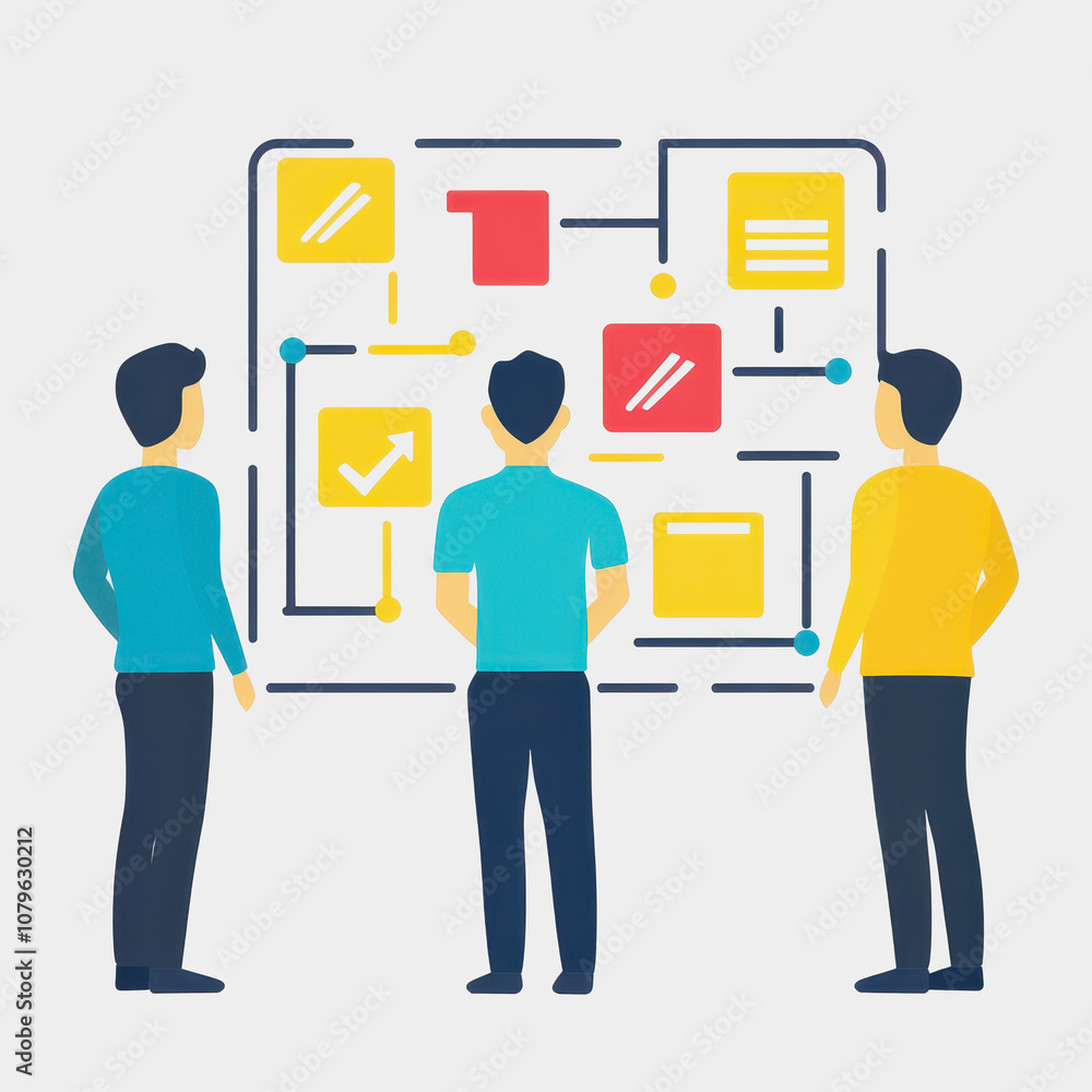 Aufkleber diverse team of three professionals analyzing a digital flowchart on a whiteboard, representing coll