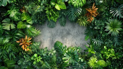 Aerial perspective of lush tropical foliage atop a concrete surface