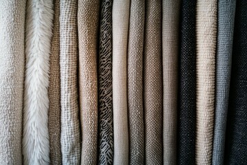 Close-up of various textures of rolled-up fabric samples in beige, white and black.