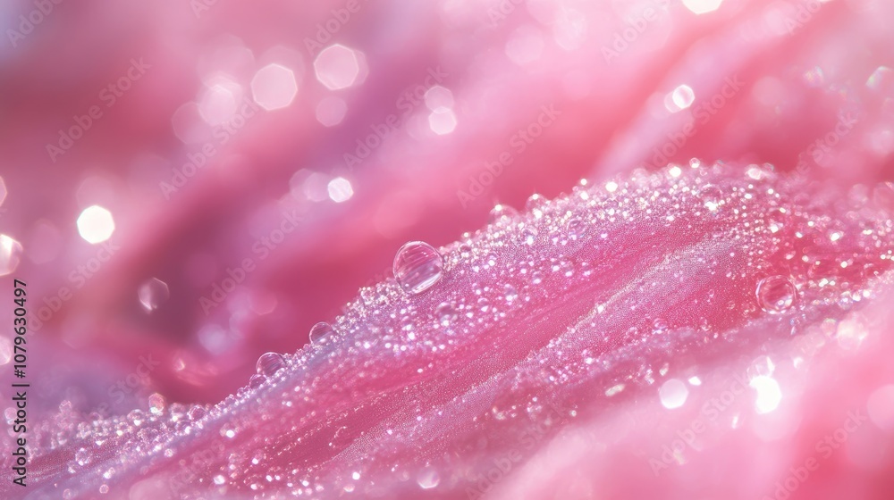 Poster pink texture featuring shimmering threads and droplets evoking concepts of softness brilliance and e
