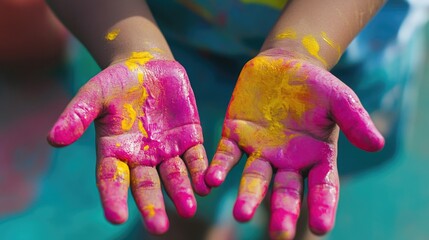 Two children s hands are coated in vibrant pink and yellow paint resulting in a fun and colorful artwork