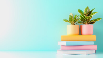 Cozy and Inviting Workspace Setup with Colorful Books and Stylish Plants Against a Soft Blue Background Perfect for Study and Relaxation Scenes