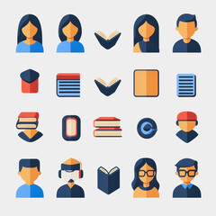 Fototapeta premium Set of Flat Design Icons Depicting Education, Reading Material, and Diverse Students Engaged in Learning Activities for Use in Educational Projects and Graphics