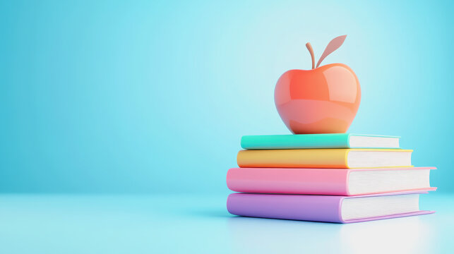 Brightly Colored Stack of Books with a Shiny Red Apple on Top Against a Soft Blue Background, Ideal for Educational and Learning Themes