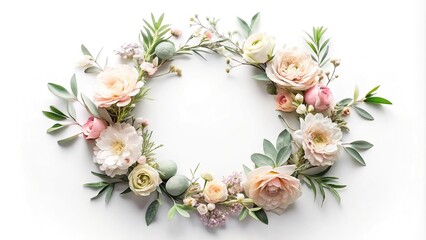 delicate floral wreath with soft pastel blooms and foliage on white background