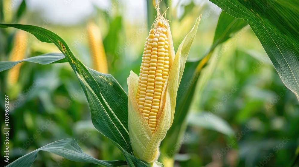 Poster corn maize stalk with open husk in a field setting