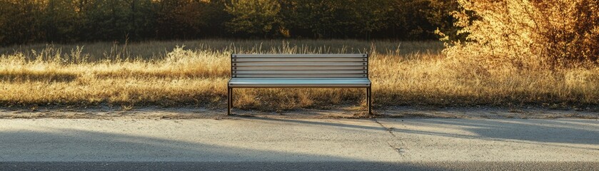 A solitary bench in a serene outdoor setting surrounded by golden grass.