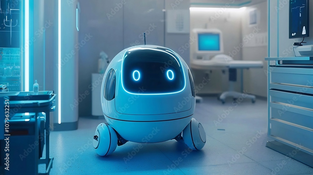 Poster intelligence driven robot providing assistance in a futuristic healthcare environment showcasing the