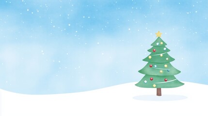 Naklejka premium A festive Christmas tree stands in a snowy landscape under a bright blue sky, adorned with decorations and a shining star. copy space.