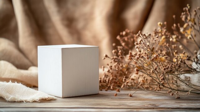 White cube wooden calendar on vintage wood and neutral background perfect for autumn themed layouts with ample copyspace for text