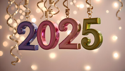 Bright and colorful '2025' numbers hanging from shiny serpentines, perfect for New Year’s celebrations and holiday decorations in vibrant style